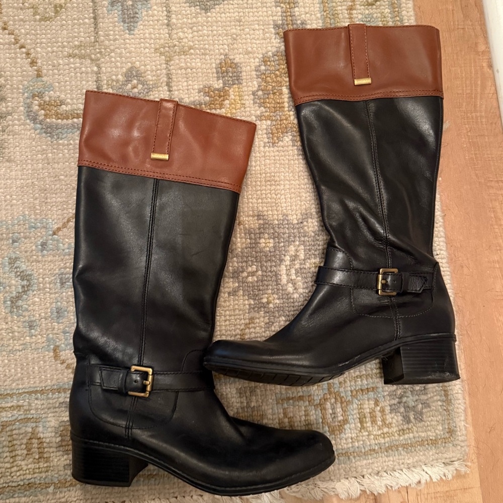 Bandolino Tall Riding Boots 2-Tone Black and Brown Knee-High Boots Size 8.5